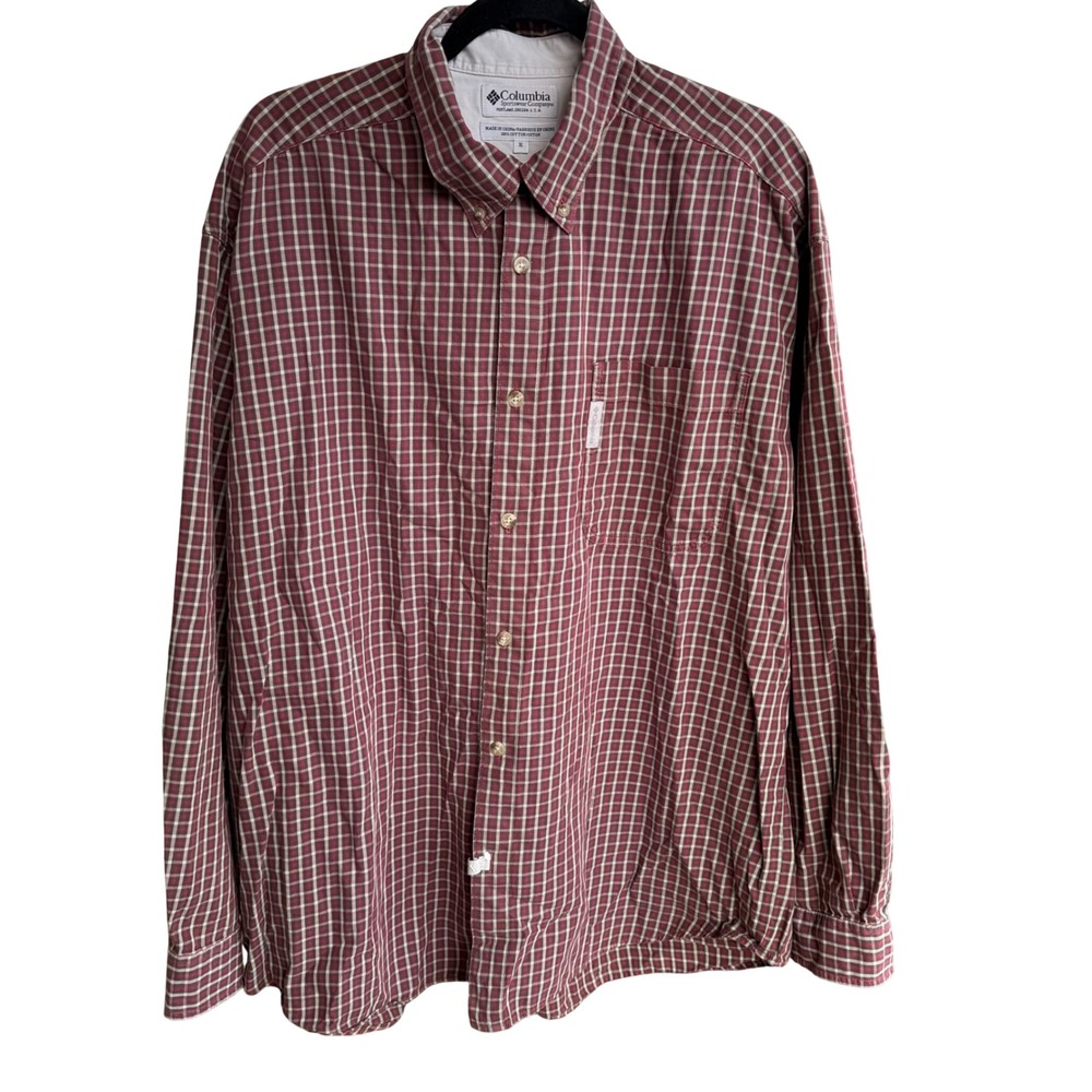 Columbia Sportswear Mens XL Plaid Button Down Shirt Burgundy Cotton Long Sleeve